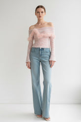 Vivid Feather Trimmed Off The Shoulder Top